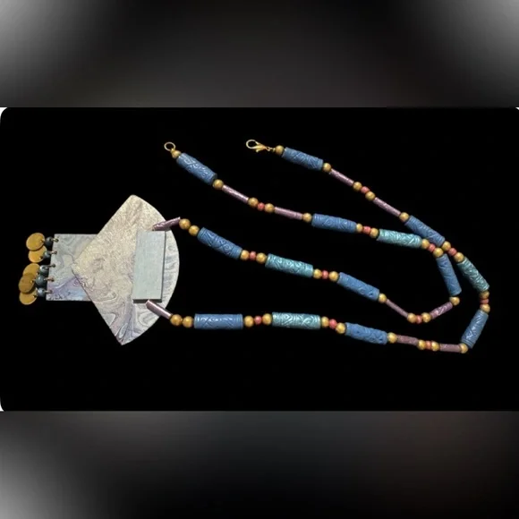 Long Necklace Handcrafted Wood Or Paper w/ Beaded Chain. Blue Boho Approx 26” - Picture 4 of 5